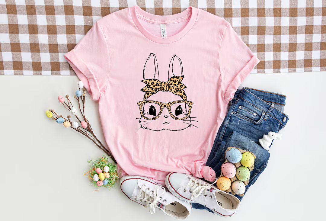 Bunny With Leopard Glasses Shirt, Easter Shirt, Easter Bunny Graphic Tee, Easter Shirts for Women... | Etsy (US)