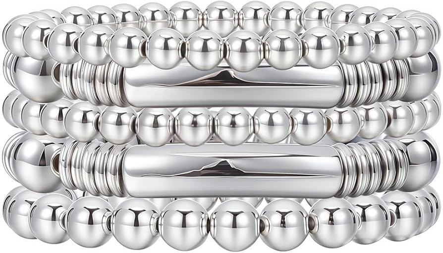 5Pcs Silver Layered Beaded Bracelets Set for Women Dainty Trendy Stretch Elastic Round Ball Beads... | Amazon (UK)