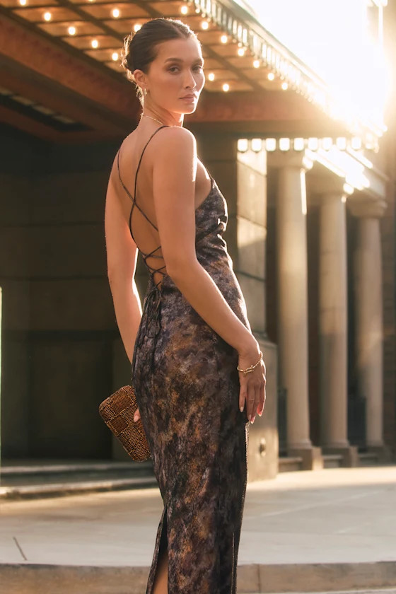 Sheeva Shiny Brown Multi Abstract Satin Lace-Up Maxi Dress | Lulus
