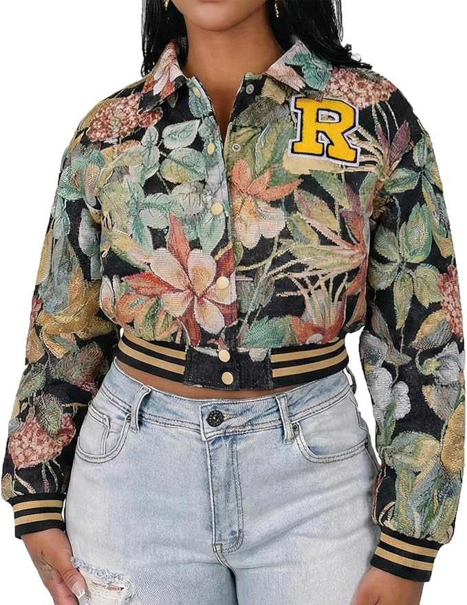 KANSOON Varsity Jacket Women Bomber Textured Floral Cropped Jackets Letterman Snap Buttons Long S... | Amazon (US)