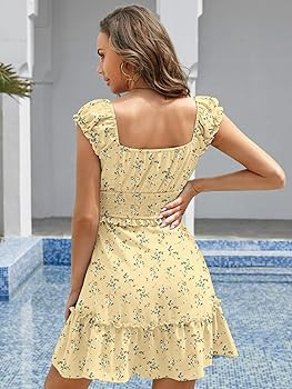 YOBECHO Womens Summer Ruffle Sleeve Sweetheart Neckline Printing Dress Mini Dresses | Amazon (US)