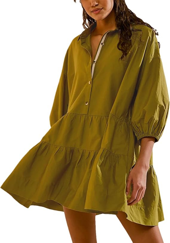 Zontroldy Women's Oversized Casual Collared Babydoll Mini Dresses Puff Sleeve A-line Tiered Shirt... | Amazon (US)