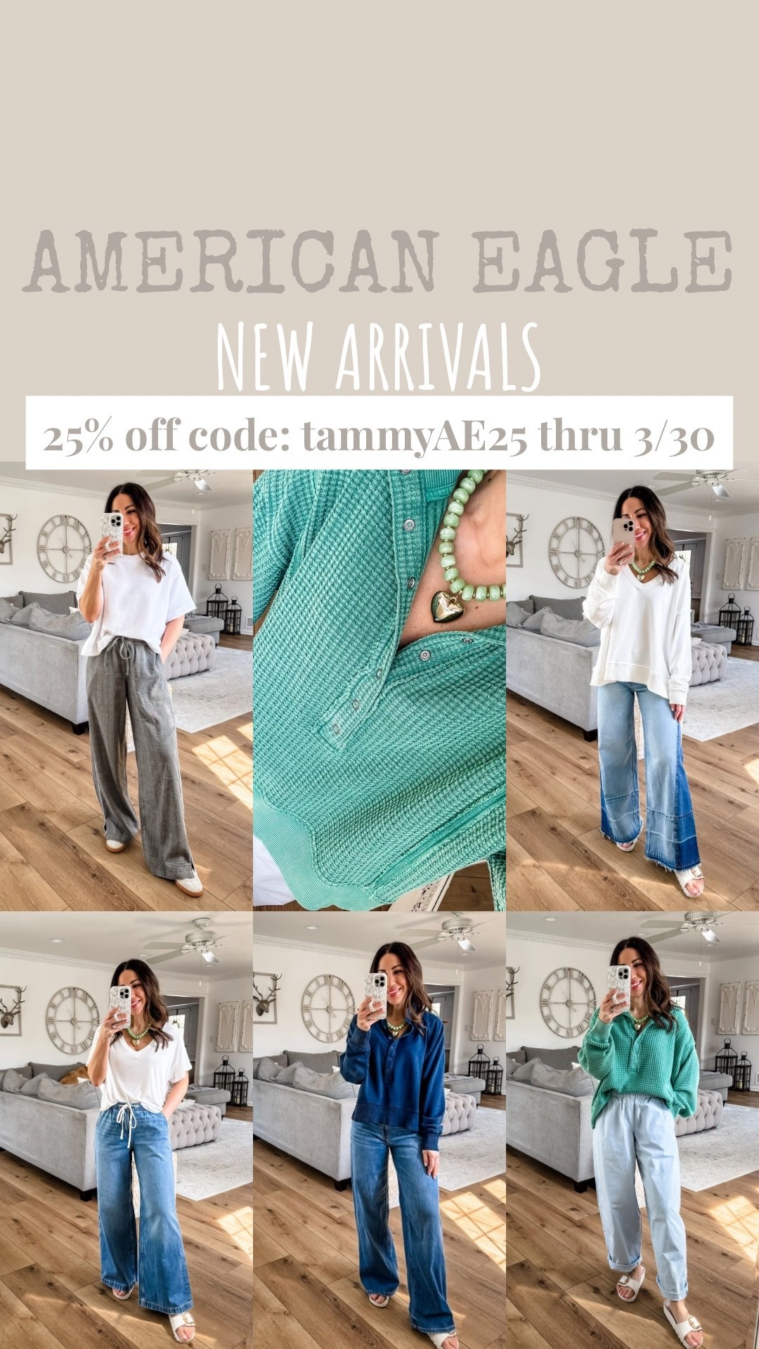 Stackable Code: tammyAE25 for 25% off sitewide @ae New arrivals from American Eagle are so good as always. New denim styles, comfy pants and casual tops to pair with them. And I have an exclusive code you can use thru 3/30! Perfect timing for building up your casual spring wardrobe! #AEPartner #AEJeans @americaneagle

Baggy jeans 0R. Drawstring jeans Xs short. Trousers XS. Barrel pants XS. Two this me jeans 0 short. Sweatshirts small. Short sleeve sweatshirt, XS. V-neck small. ￼


#LTKOver40 #LTKPetite #LTKSaleAlert