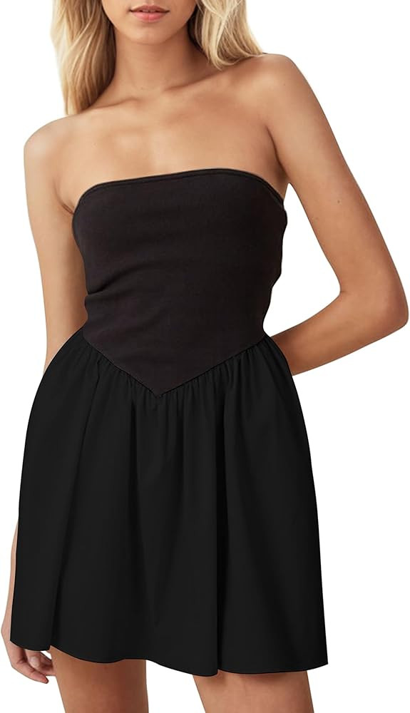 Women Strapless Tube Top Mini Dress Off Shoulder Sleeveless Casual Summer Patchwork Drop-Waist A-... | Amazon (US)