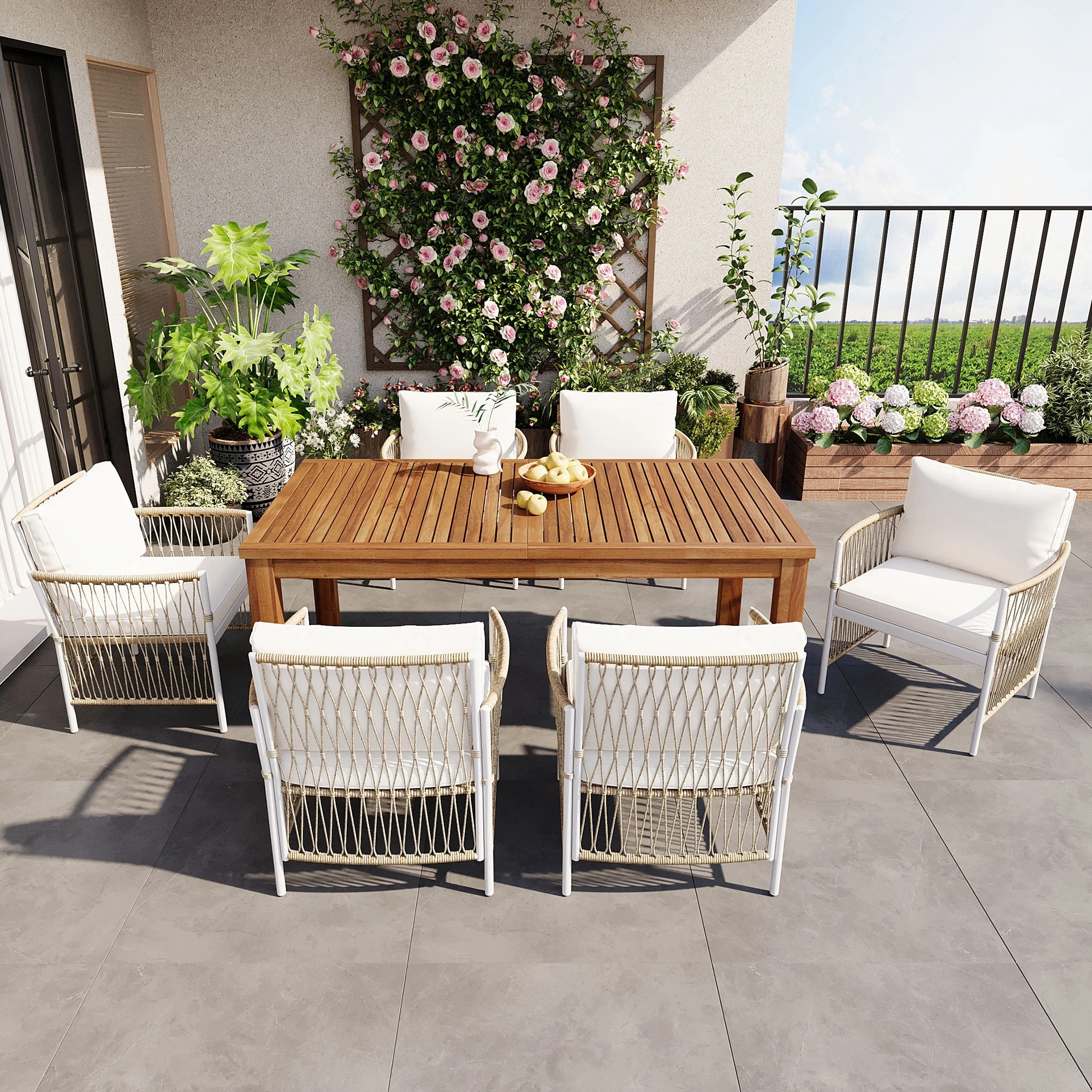 DRNANLIT 7-Piece Patio Dining Set, 67"L Rectangular Table & 6 Rattan Arm Chairs, Acacia Wood & PE Wicker, Natural, for Backyard Poolside Garden - Walmart.com | Walmart (US)