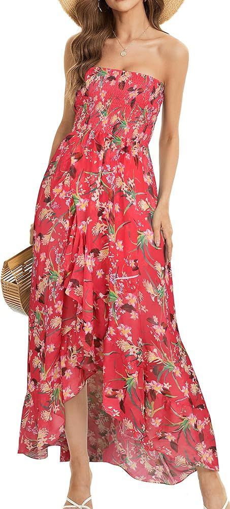 Women's Beach Dress Summer Maxi Sundress Strapless Hawaiian Cover Ups Asymmetrical Wrap Dresses | Amazon (US)