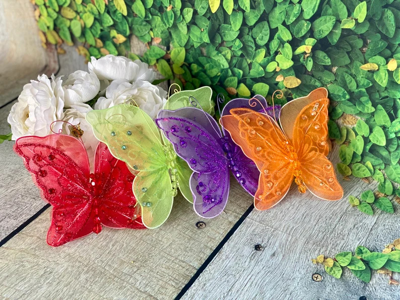 6 Double Layered Butterflies With Clip Sheer Nylon Wired - Etsy | Etsy (US)