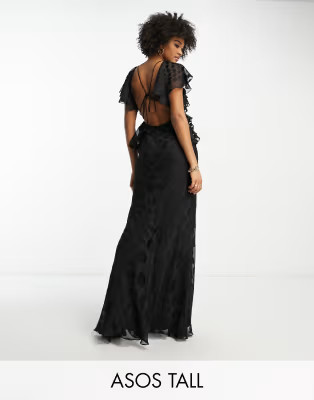 ASOS DESIGN Tall satin spot flutter sleeve maxi dress with open back in black | ASOS (Global)