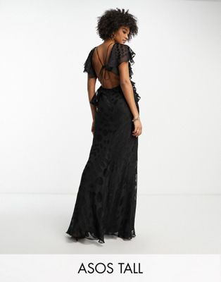ASOS DESIGN Tall satin spot flutter sleeve maxi dress with open back in black | ASOS (Global)