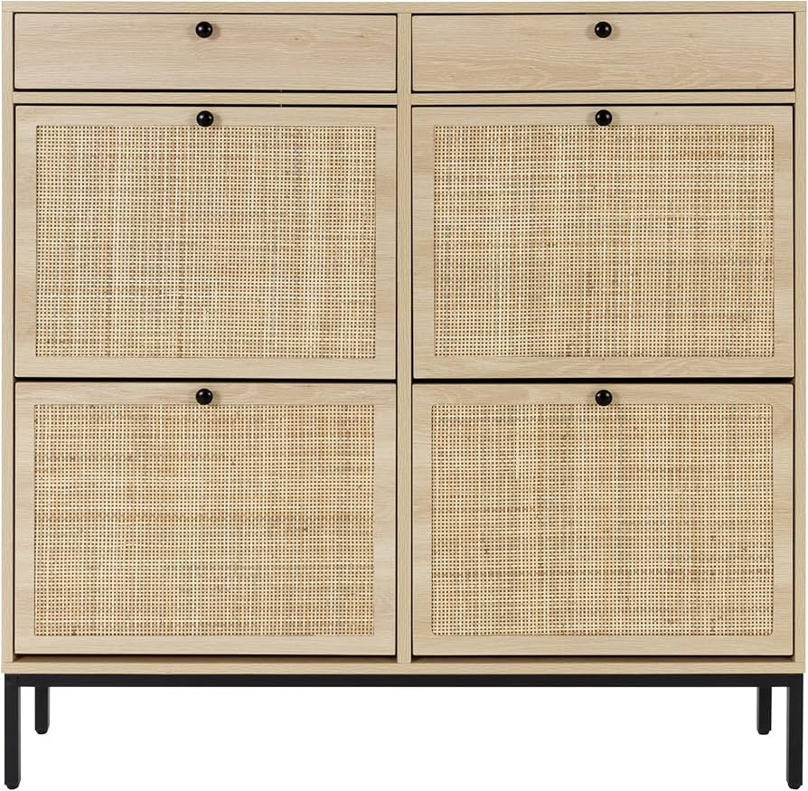 XIAO WEI Shoe Cabinet, Natural Rectangular Rattan Shoe Storage Organizer Cabinet with 4 Flip Draw... | Amazon (US)