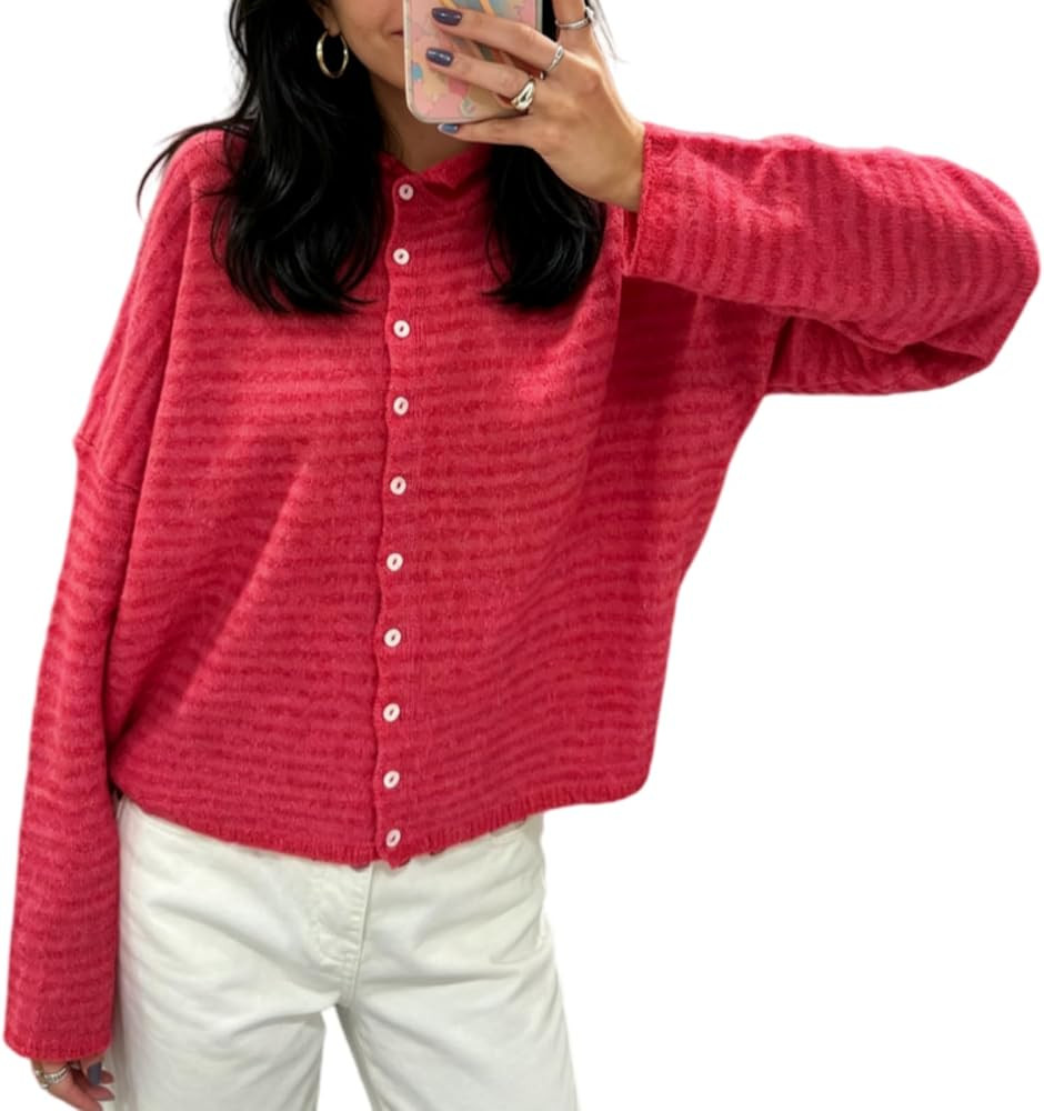 Women Knitted Cardigan Sweaters Long Sleeve Button Down Loose Knitwear Tops Y2k Vintage Jumper Kn... | Amazon (US)
