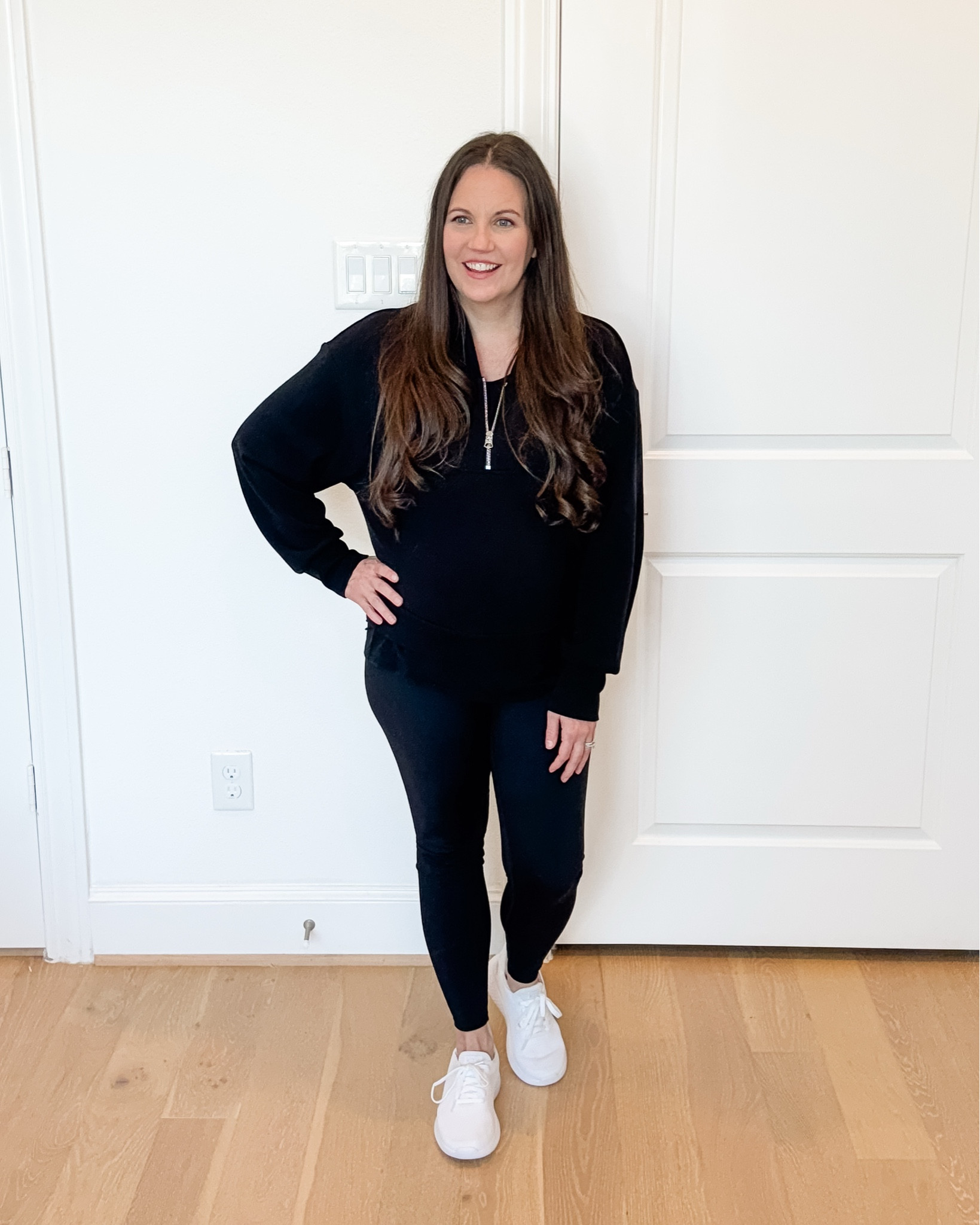 Bump-friendly basics I can’t stop wearing! This all black maternity outfit is the perfect mix of comfy loungewear and practical workout clothes. Wearing a black half zip pullover sweater with black maternity tees and black over the belly leggings—finished with white sneakers for a clean neutral look.
Such a good go-to for fall outfits and winter outfits, especially if you love minimalist maternity style 🖤
Shop details below!


#LTKBump #LTKOver40 #LTKSeasonal