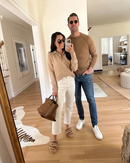 Kat Jamieson wears a cashmere sweater and denim jeans with Birkenstocks. Thomas Jamieson wears a crewneck sweater, jeans and sneakers. His and hers outfits, couple outfit, menswear, spring outfit, sneaker, jean. 

#LTKmens #LTKSeasonal #LTKshoecrush