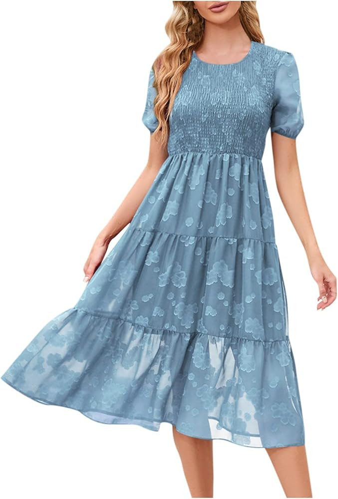 Summer Dresses for Women 2023 Smocked Floral Dress Puff Short Sleeve Crewneck Tiered A-Line Midi ... | Amazon (US)