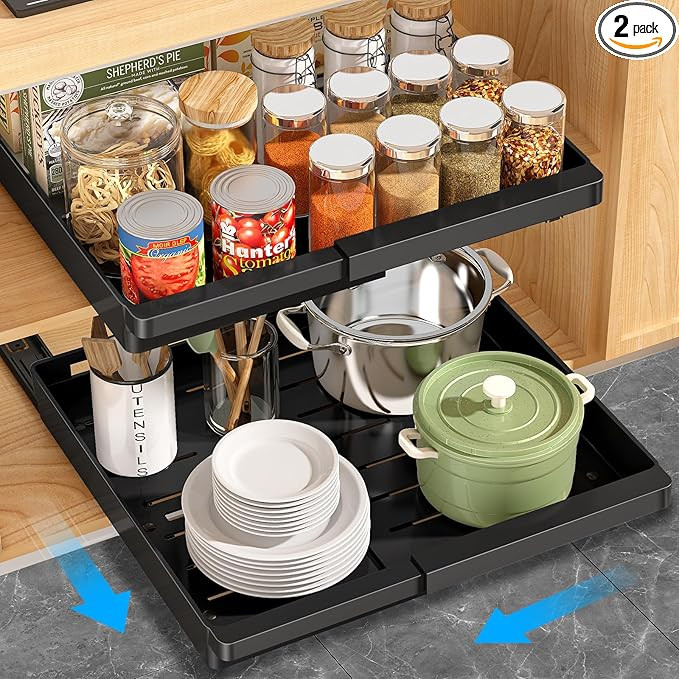 2 Pack Pull Out Cabinet Organizers Expandable (11.6''-17.5''), Plastic Slide Out Drawers for Kitc... | Amazon (US)