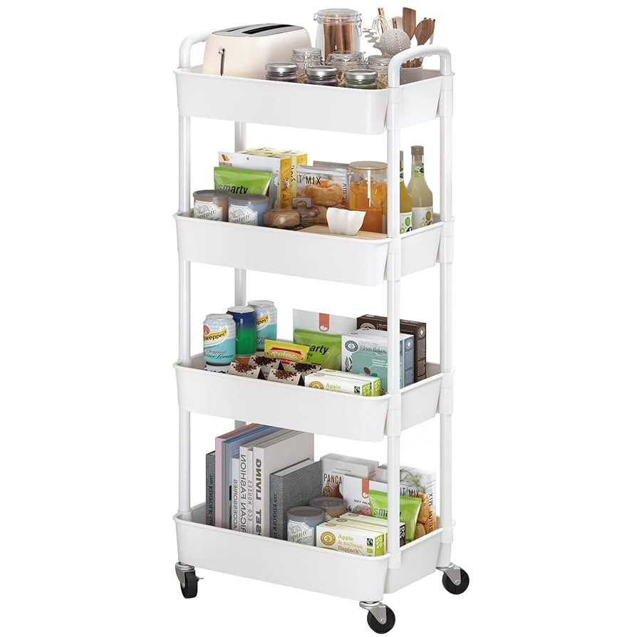 Sywhitta 4-Tier Plastic Rolling Utility Cart with Handle, Multi-Functional Storage Trolley for Of... | Amazon (US)