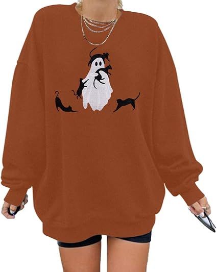 Halloween Spooky Season Sweatshirt Women: Oversized Black Cat Ghost Sweatshirts Fall Embroidered ... | Amazon (US)