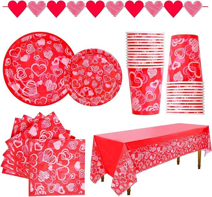 Gatherfun Valentine's Day Party Supplies Hot Pink Heart Love Disposable Paper Plates Napkins Cups... | Amazon (US)