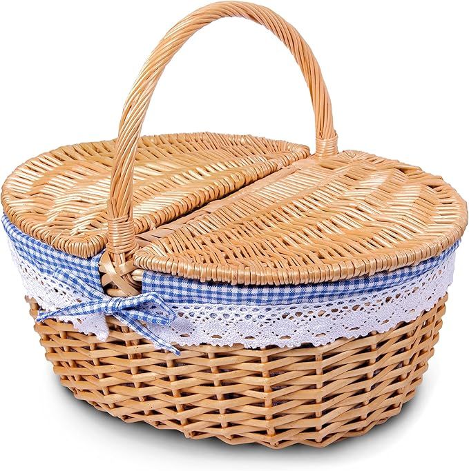 Wicker Picnic Basket with Lid and Handle Sturdy Woven Body with Washable Plaids Lining,Blue | Amazon (US)
