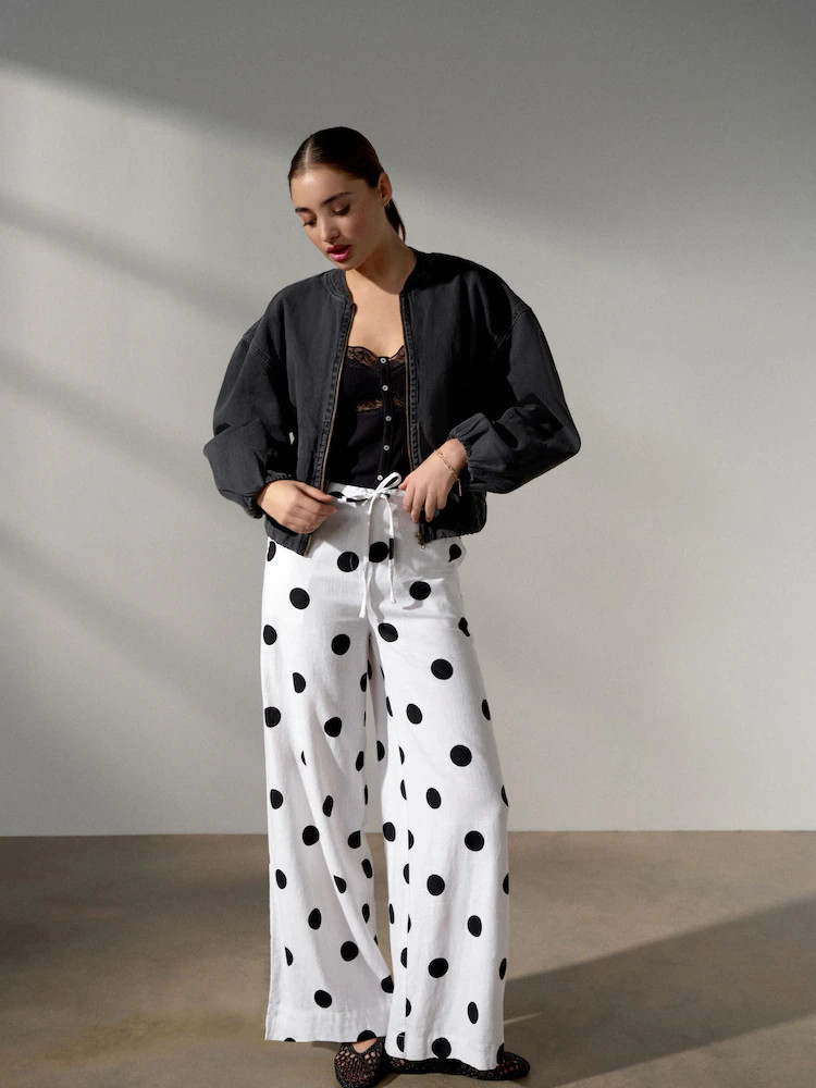Black/White Polka Dot Linen Blend Wide Leg Trousers | Next US