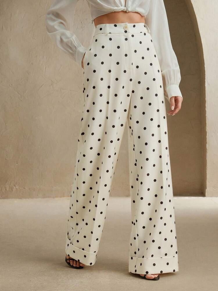 Anewsta Essential Urban Commuter Polka Dot High Waist Drape Casual Women's Suit Pants, Suitable For Spring, Summer, Festival, Holiday, Vacation, Elegant, Business Casual | SHEIN