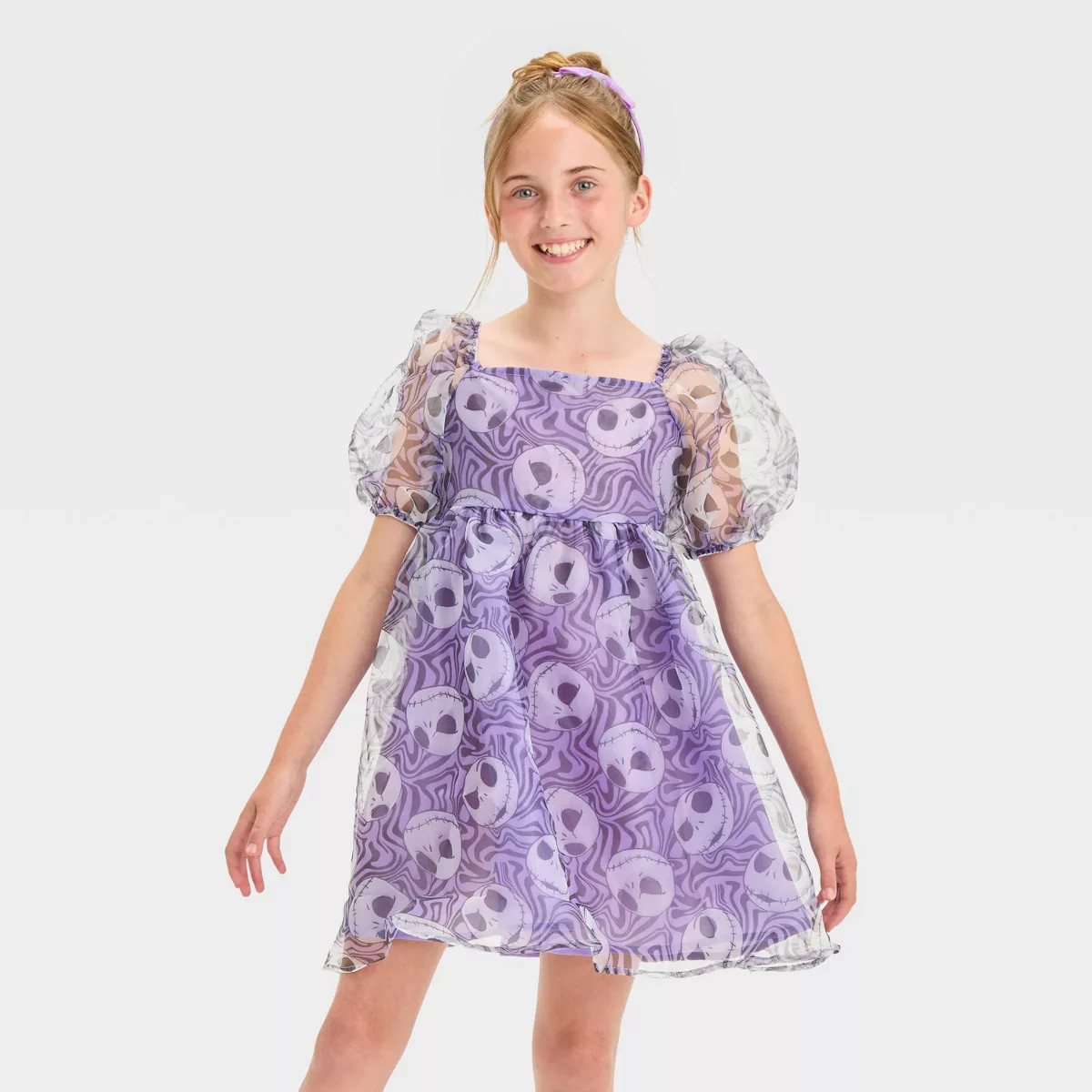 Girls' Jack Skellington Short Puff Sleeve Dress - Purple | Target