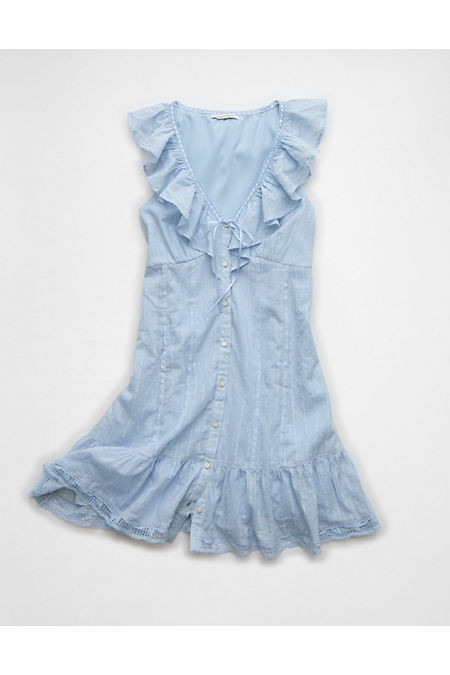 AE Tie-Front Lace Inset Mini Dress Women's Light Blue M | American Eagle Outfitters (US & CA)