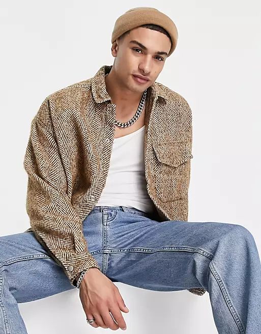 ASOS DESIGN extreme oversized wool mix shirt in brown herringbone | ASOS (Global)