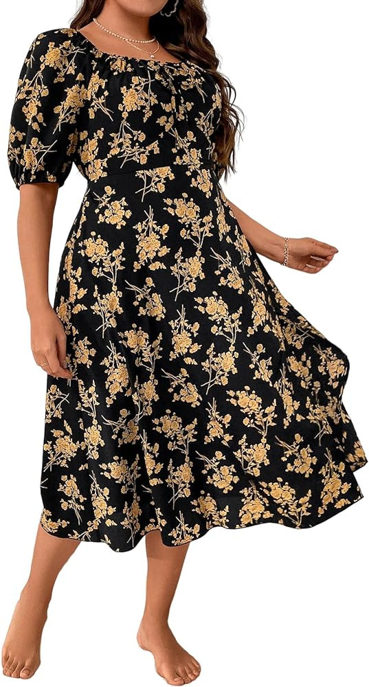 Floerns Women's Plus Size Floral Print Tie Front Square Neck Slit Hem Midi Dress | Amazon (US)