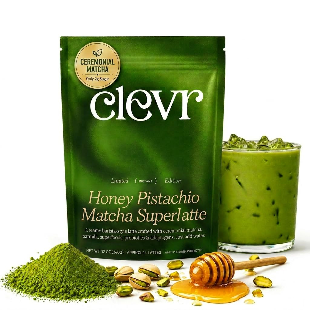 Clevr Pistachio Matcha Latte, Organic Ceremonial Grade, Instant Superfood Powder Blend with Lions Mane, Reishi Mushroom, Coconut Cream, Ashwagandha, Serve Hot or Iced (14 Lattes) | Amazon (US)