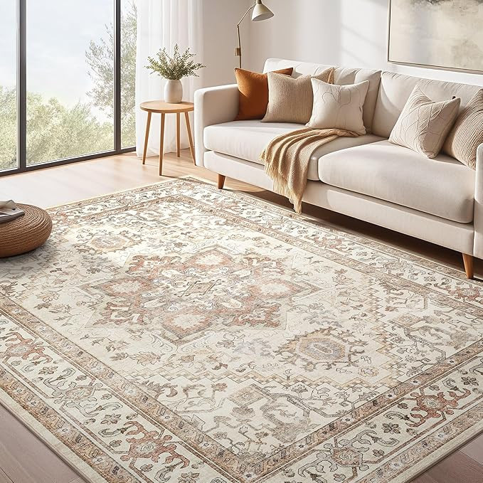 Washable Rug 8x10 Area Rugs: Boho Vintage Distressed Oriental Medallion Neutral Thin Large Rug Ca... | Amazon (US)