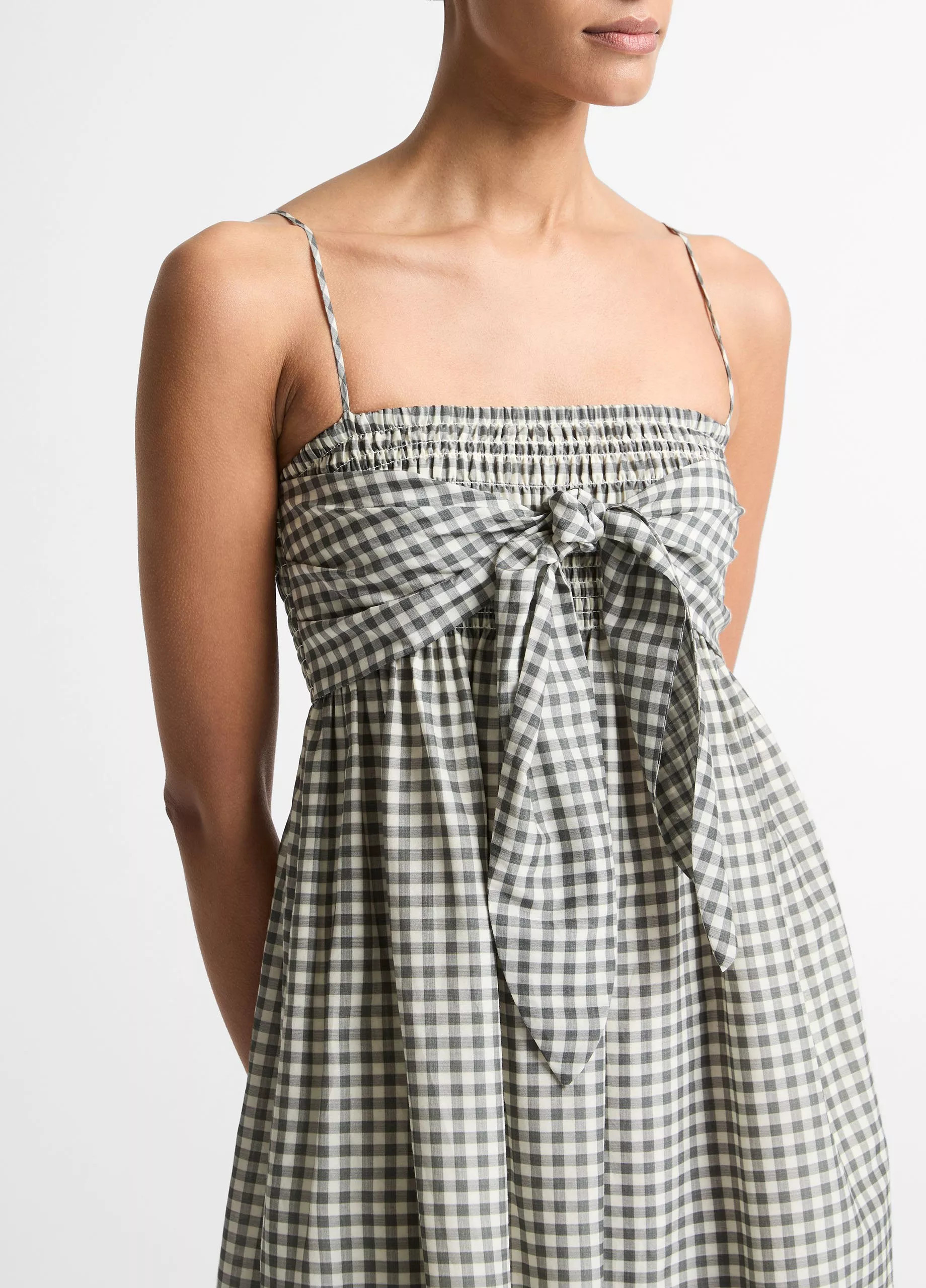 Gingham Cotton-Silk Tie Smocked Dress | Vince LLC