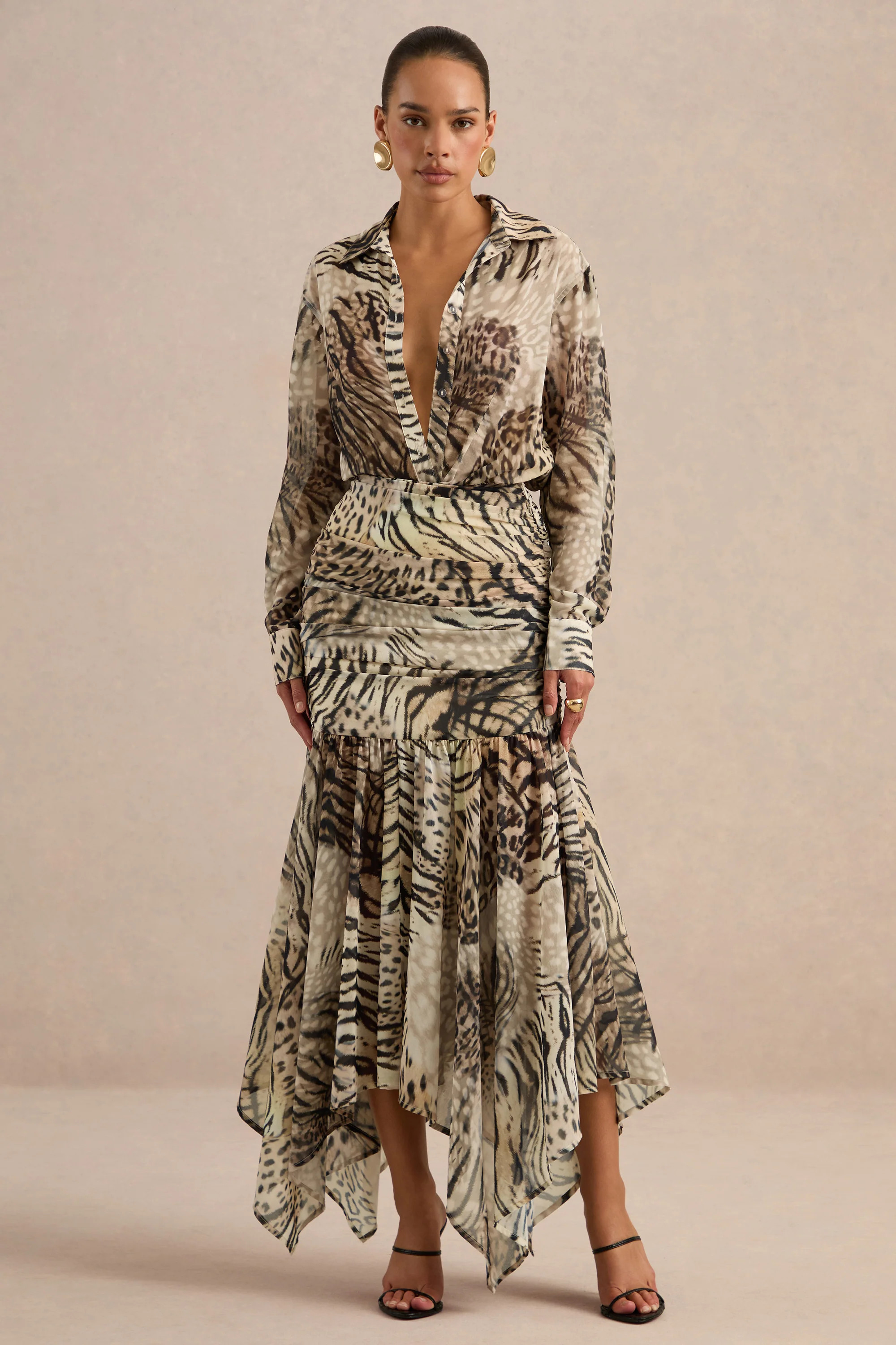 Kris | Brown Animal Print Plunge-Neck Maxi Dress With Ruched Detailing | Club L London