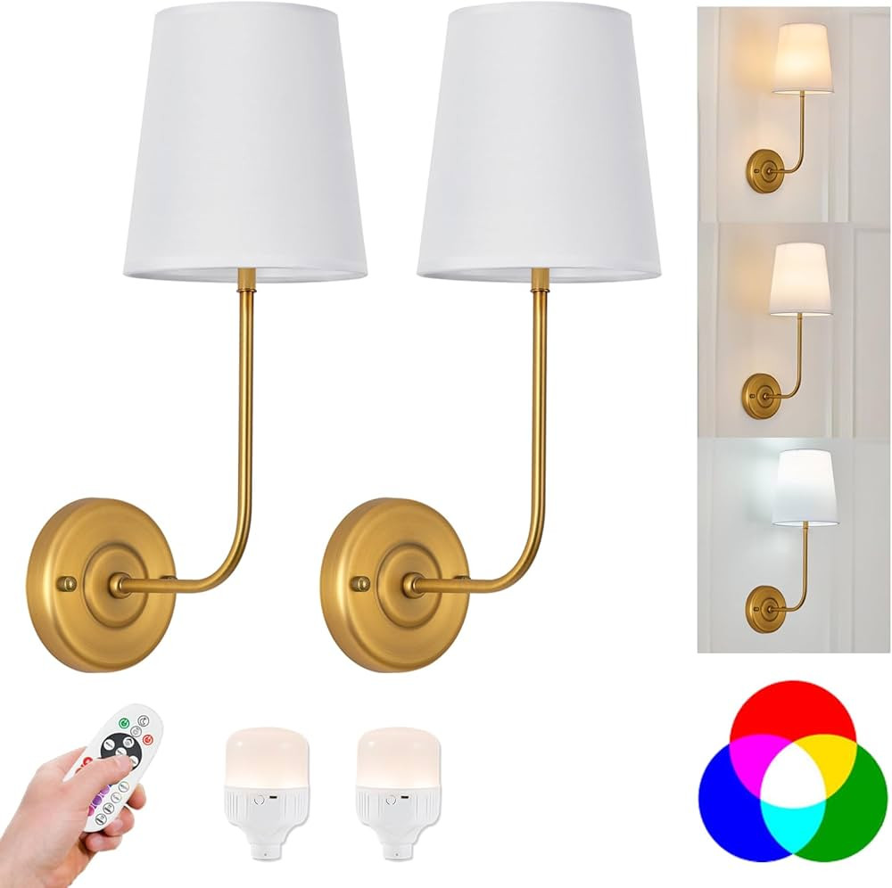 TERLEENART Rechargeable Battery Operated Wall Sconce Set of 2,Dimmable 12 RGB Colors Remote Contr... | Amazon (US)