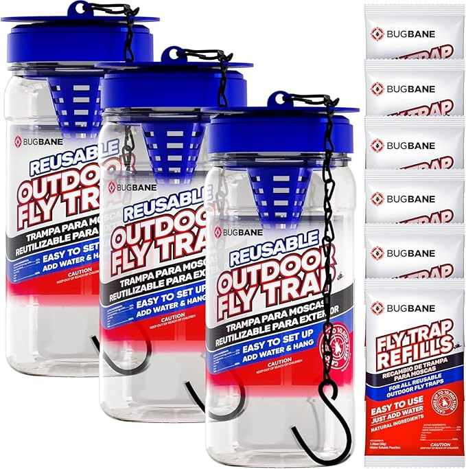 3 Fly Traps Outdoor Fly Trap for Patio with 6 Non-Toxic Dissolvable Bait Refills. Reusable Hangin... | Amazon (US)