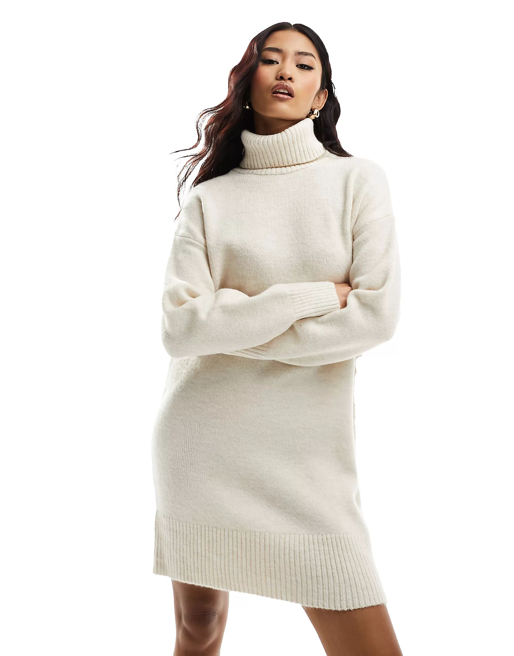 New Look roll neck knitted mini dress in cream | ASOS (Global)