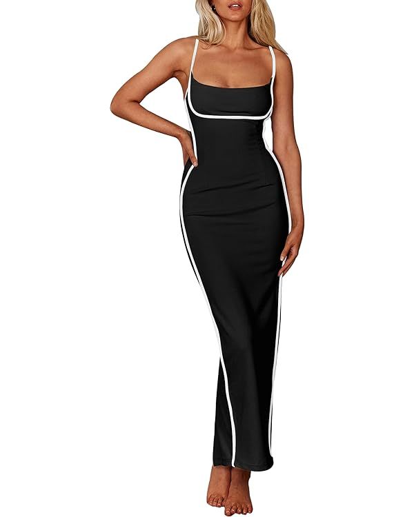 PRETTYGARDEN Women's Summer Long Bodycon Dress Spaghetti Strap Sleeveless Back Slit Maxi Dresses | Amazon (US)