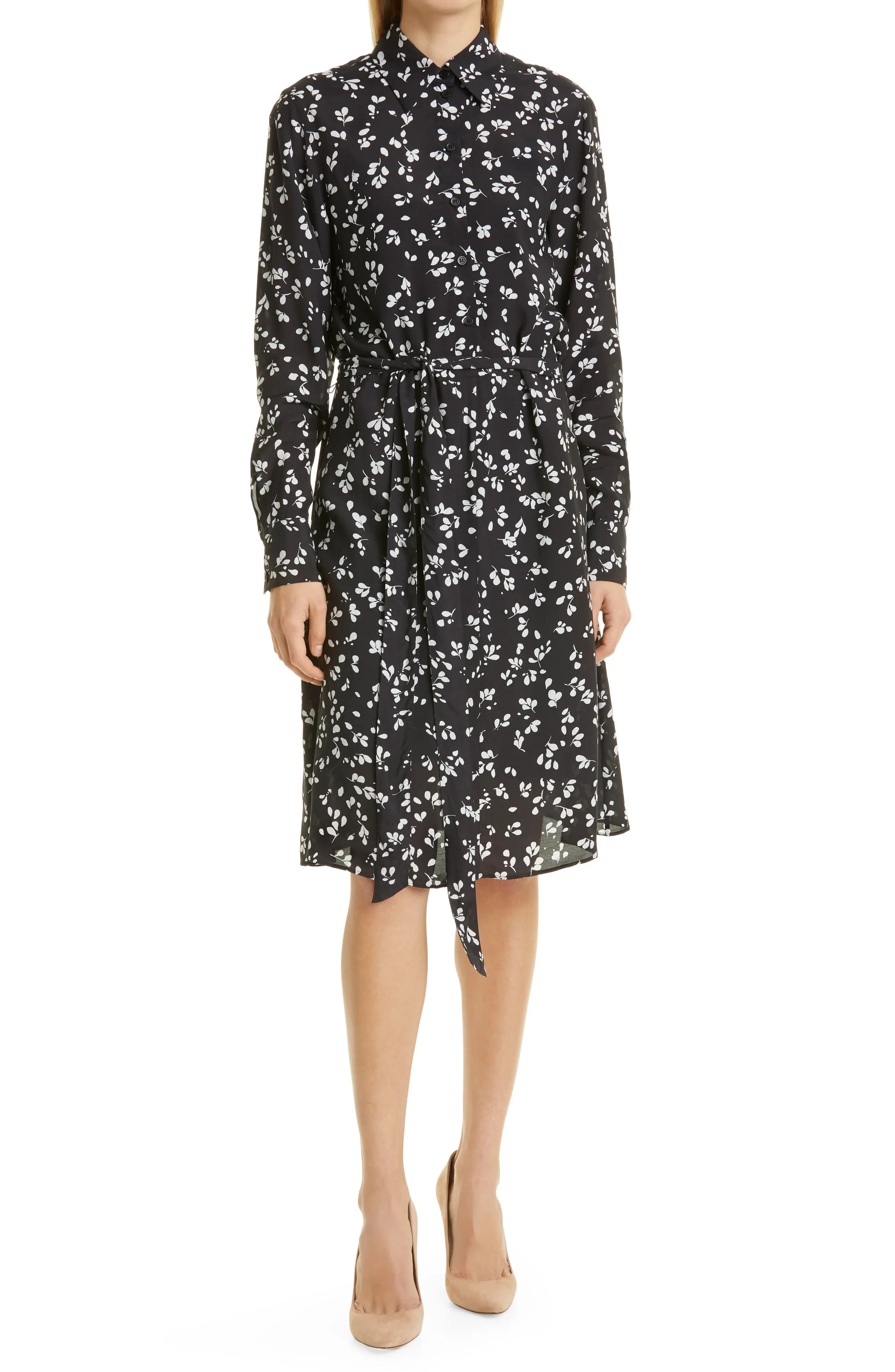 Petite Women's Boss Devitta Floral Long Sleeve Faux Wrap Midi Dress, Size 12 - Black | Nordstrom