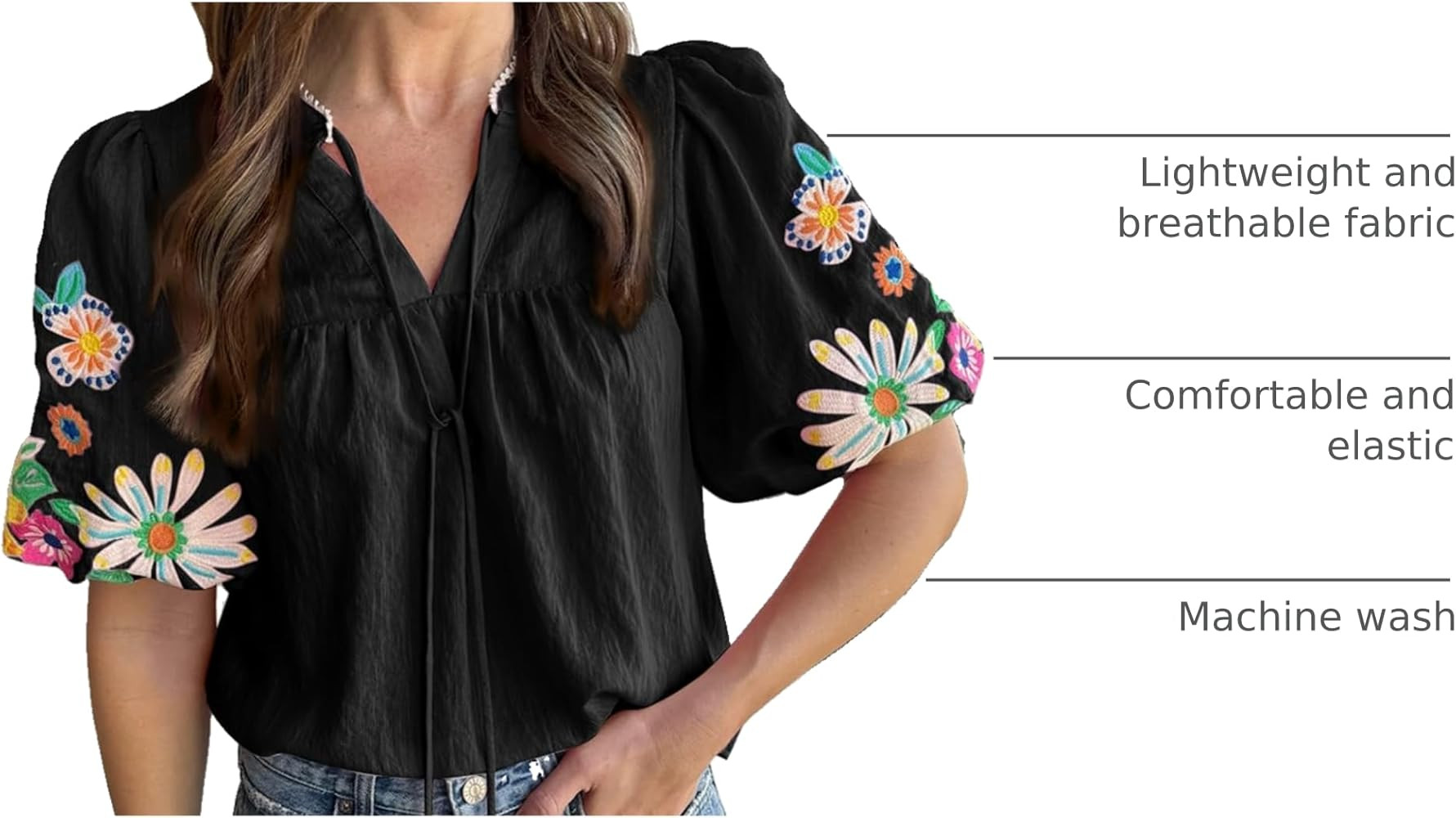 Ecosunny Women's Boho Embroidered Tops V Neck Floral Short Puff Sleeve Casual Shirts Loose Tunic ... | Amazon (US)