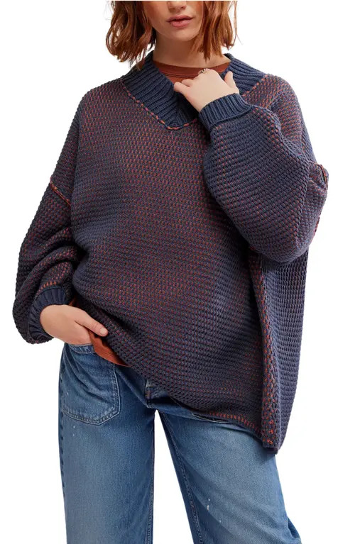 Free People Maisie Oversize Sweater in Midnight Cedar Combo at Nordstrom, Size X-Small | Nordstrom