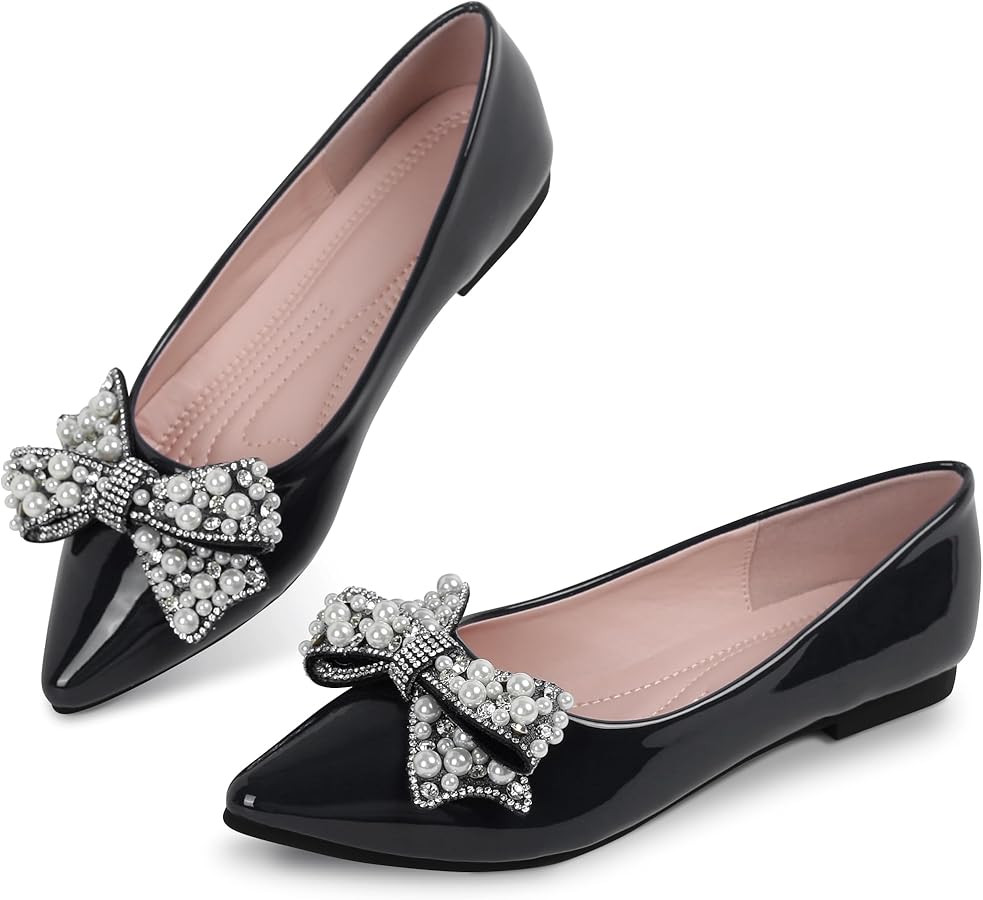 Leather Flats for Women Bling Rhinestone Pointed Non Slip Comfort Slip on Breathable Wedding Dres... | Amazon (US)