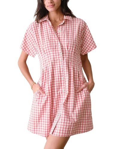 Yeokou Women Mini Shirt Dress Gingham Plaid Short Sleeve Pleated Button Down Dresses Summer Casua... | Amazon (US)