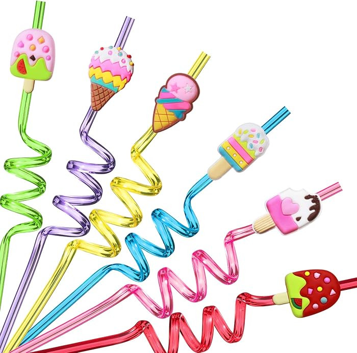 24 Reusable Ice Cream Straws for Birthday Party Supplies | Party Favors with 2 Cleaning Brush | Amazon (US)