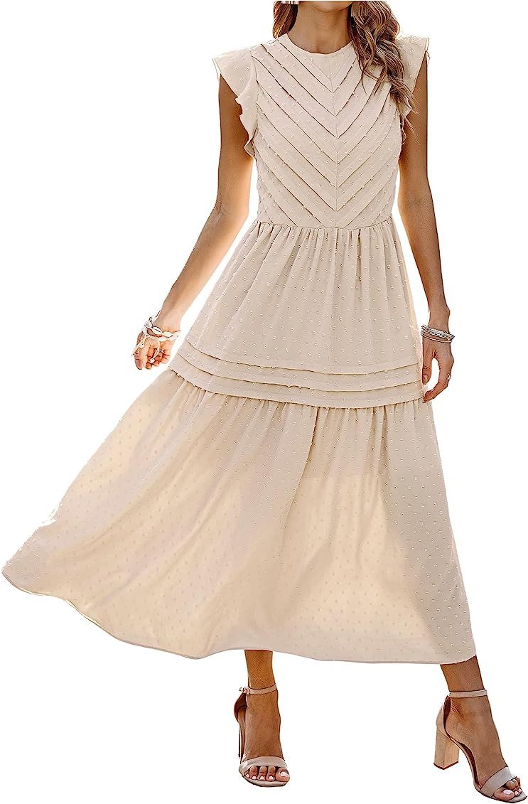 Angashion Women's Summer Maxi Dress Casual Crewneck Cap Sleeve Swiss Dot Tierd Pleated Solid Long Sk | Amazon (US)