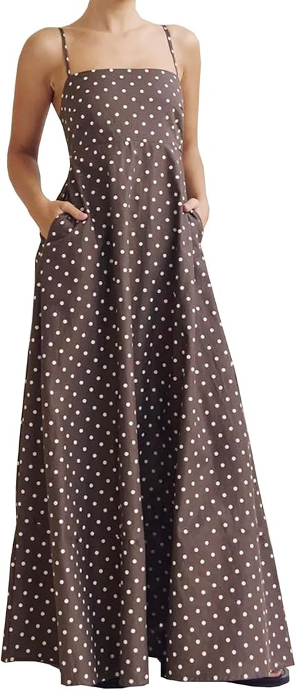 Women's Summer Maxi Dresses Spaghetti Strap Polka Dot Striped Flowy Swing Beach Vacation Sundress | Amazon (US)