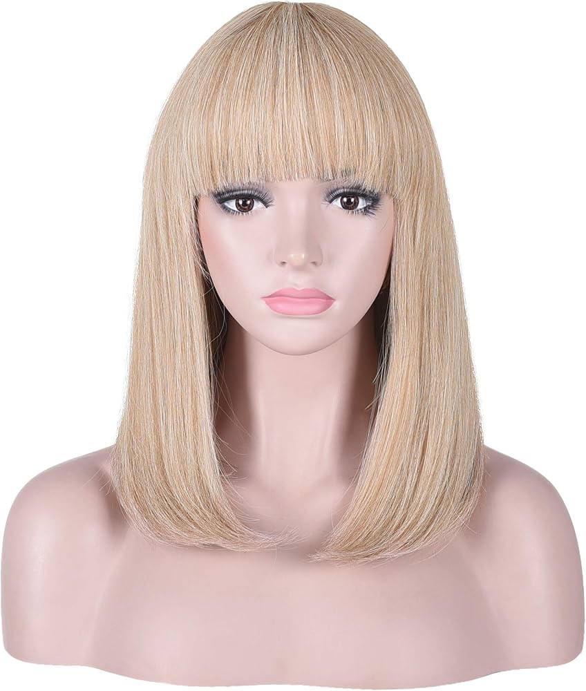 15 Inch Short Straight Blonde Highlights Bob Wig with Bangs | Natural Heat Resistant Synthetic Ha... | Amazon (US)