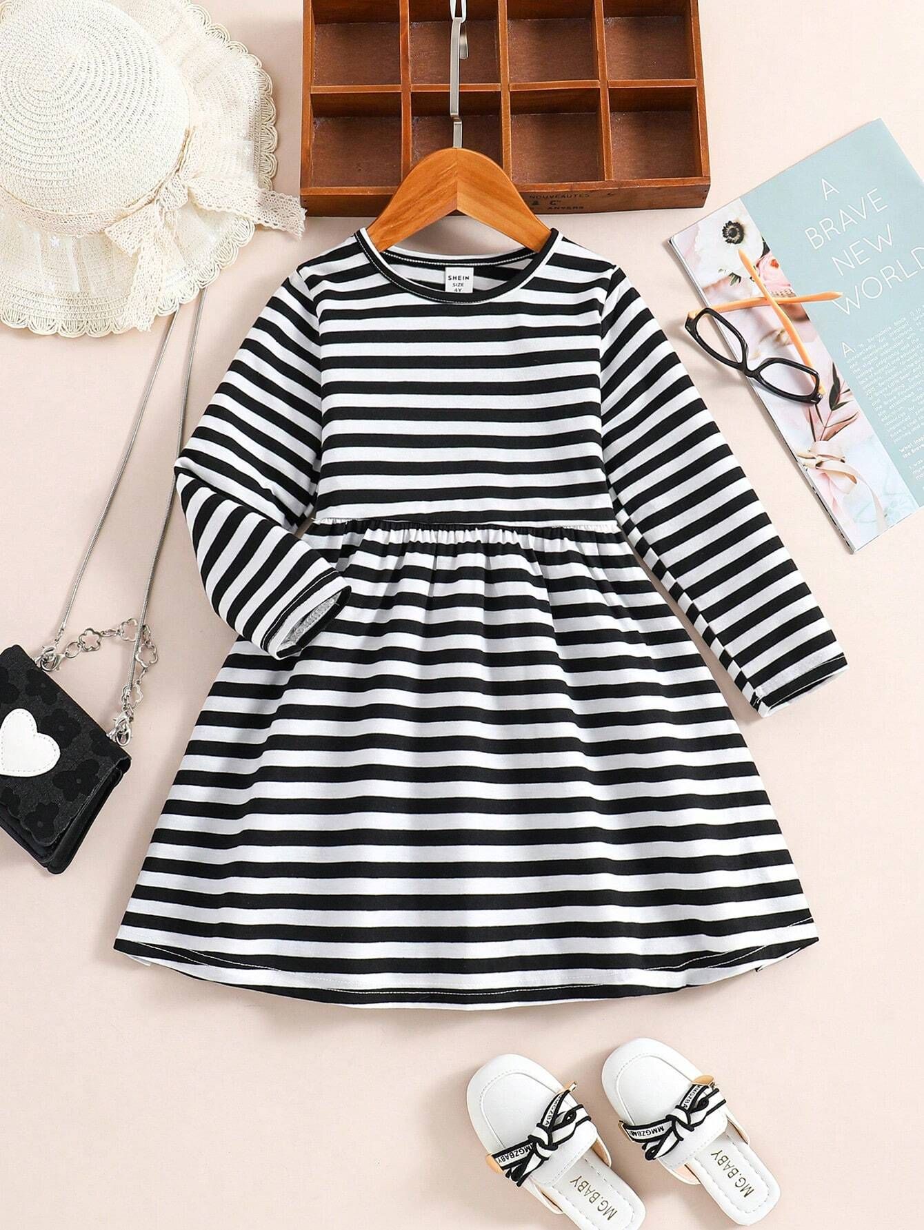 SHEIN Kids QTFun Girls' Striped Comfortable Sweet Long Sleeve Dress For Spring And Autumn | SHEIN