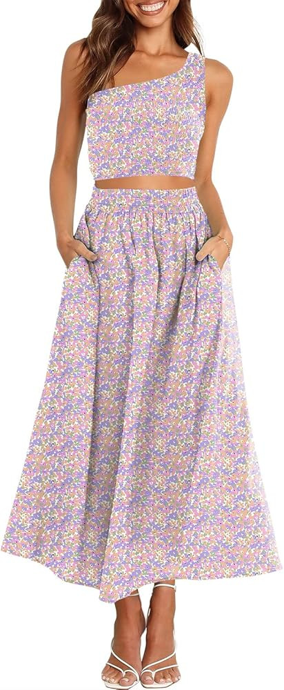 ANRABESS Women's 2 Pieces Outfits One Shoulder Smocked Crop Top & High Waist Long Skirt Dress Set... | Amazon (US)