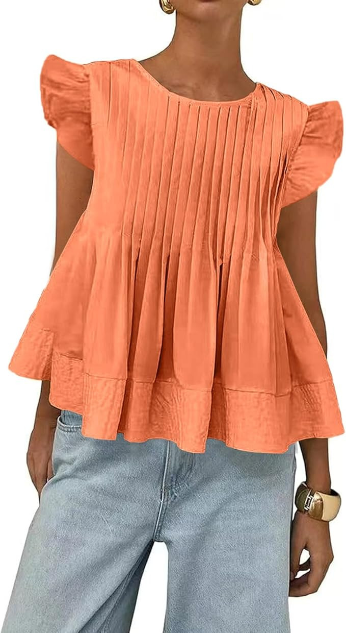 Women's Summer Blouse Ruffled Sleeves Pleated A Line Peplum Babydoll Shirt Top | Amazon (US)