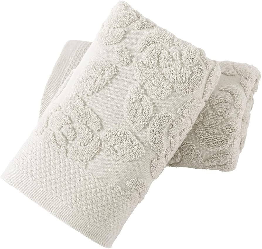 YiLUOMO Lime White Embossed Floral Pattern Hand Towel Set of 2 Super Soft 100% Cotton Highly Abso... | Amazon (US)